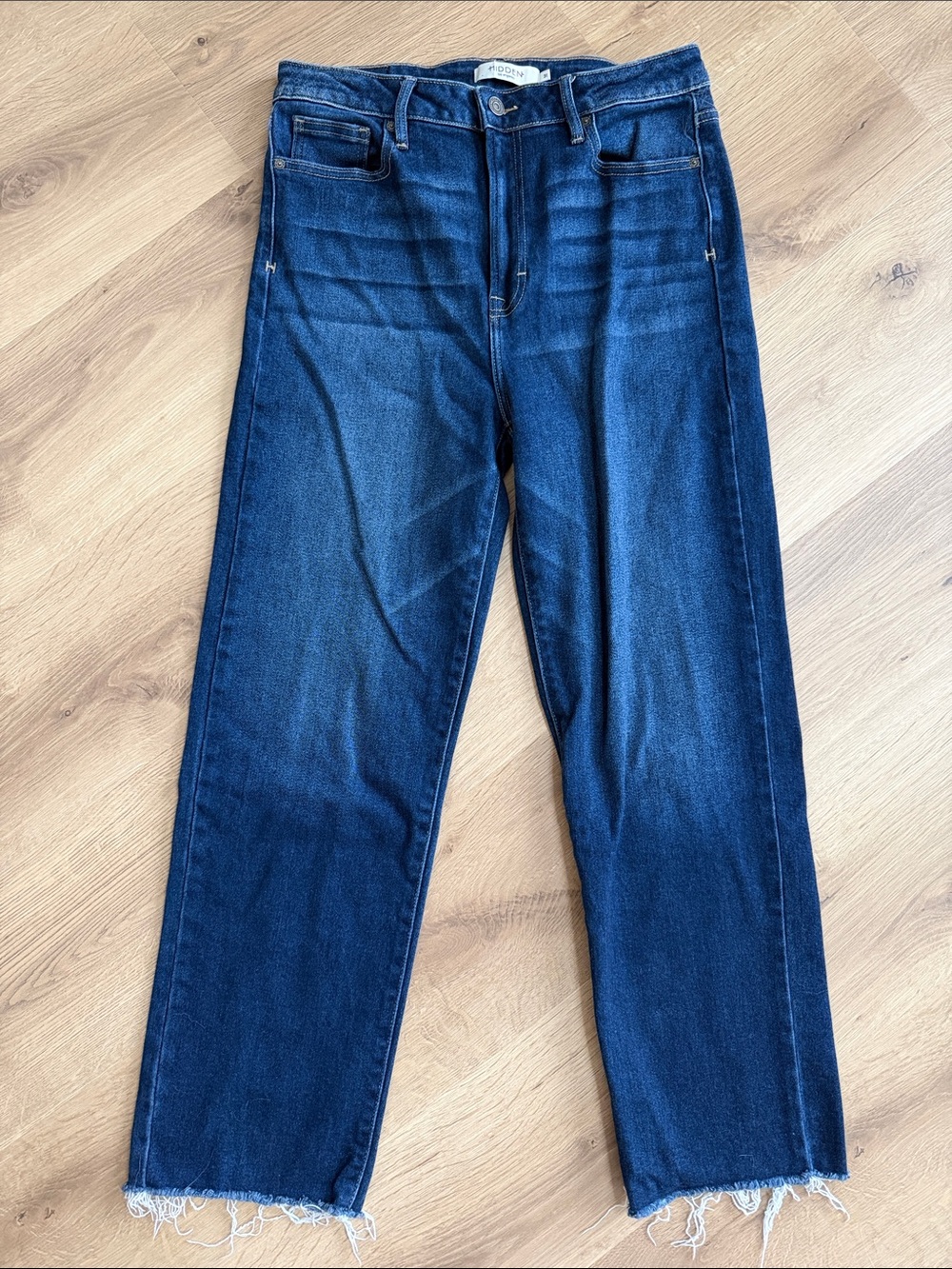 Hidden Dark Indigo Straight Leg Jeans with Frayed Hem